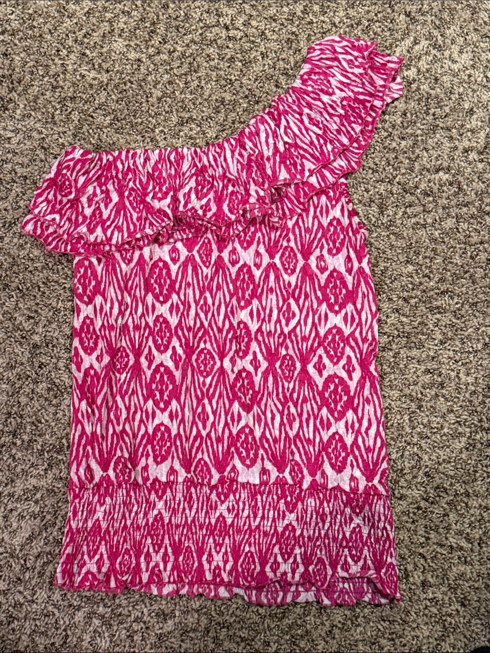 No Boundaries Pink and White Ruffle-One-Shoulder Top